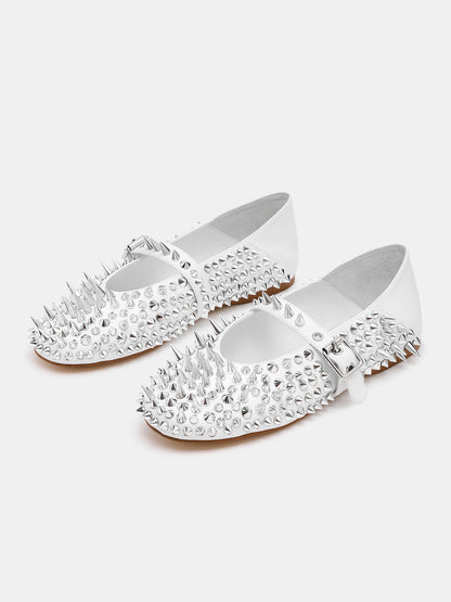 White Round-Toe Full Rivet And Middle Strap Chic Ballet Flats