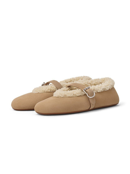 Camel Faux Suede And Plush Round-Toe Mary Jane Slip-On Flats