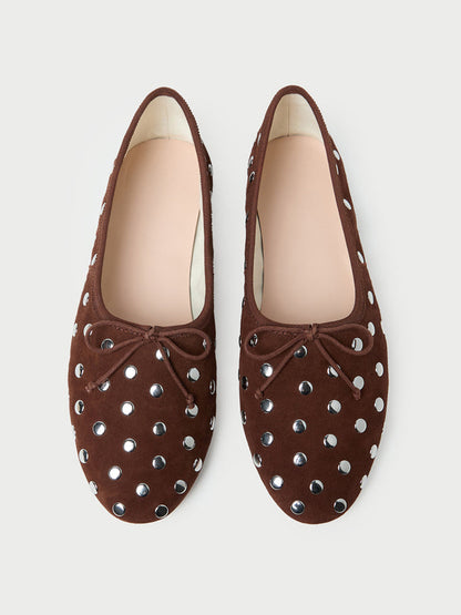 Coffee Faux Suede Round-Toe Chic Front Bow Slip-On Studs Ballet Flats
