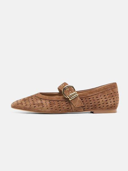 Brown Perforated Faux Suede Square-Toe Middle Strap Ballet Flats
