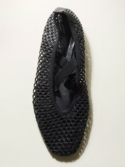 Black Grass Woven Square-Toe Middle Crossed Straps Ballet Flats