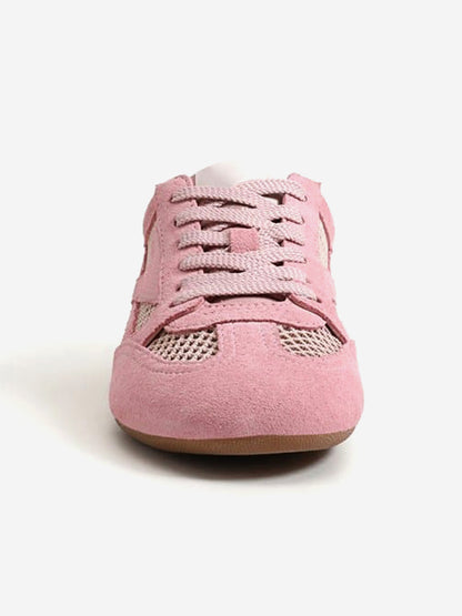 Pink Cow Suede And Mesh Round-Toe Chic Lace-Up Flats Sneakers