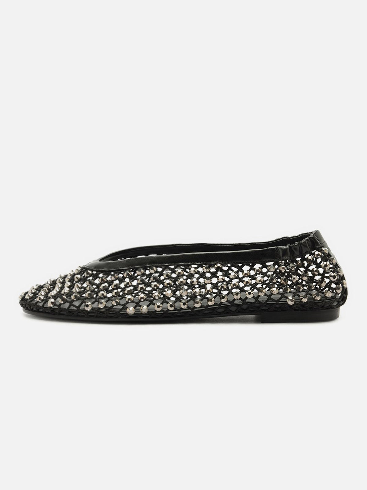 Black Rhinestone Mesh Round-Toe Slip-On Ballet Flats