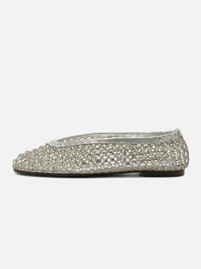 Silver Rhinestone Mesh Round-Toe Slip-On Ballet Flats