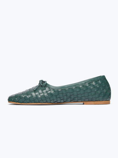 Woven Vegan Leather Square-Toe Front Bow Slip-On Ballet Flats - Green