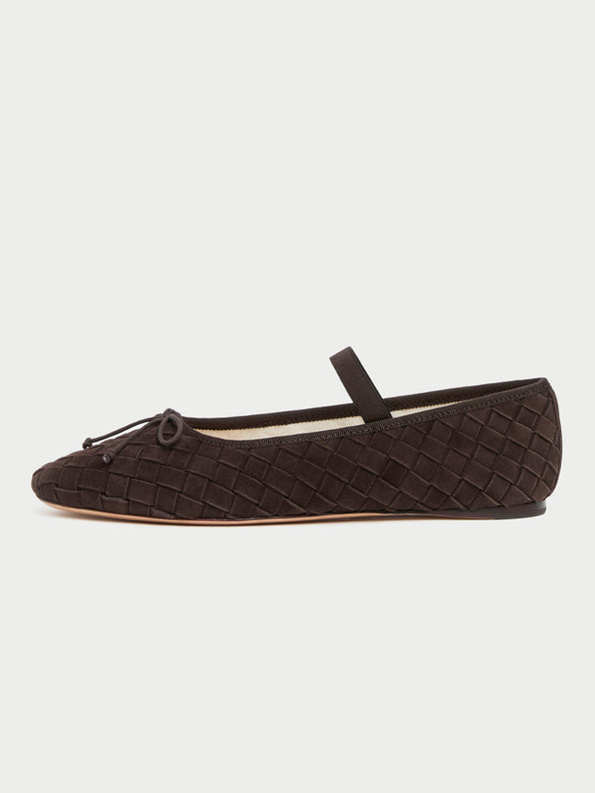 Brown Woven Faux Suede Round-Toe Front Bow And Middle Strap Ballet Flats
