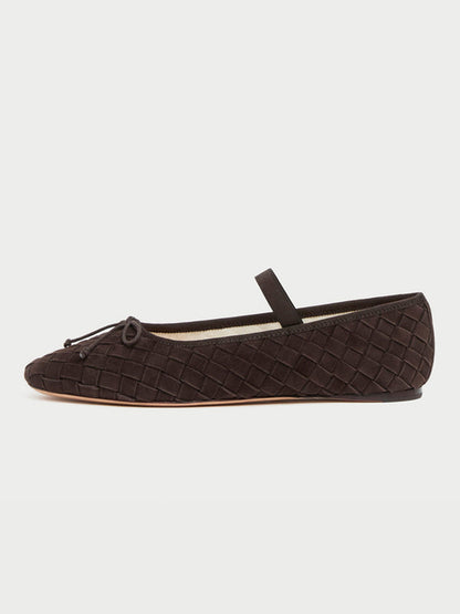 Brown Woven Faux Suede Round-Toe Front Bow And Middle Strap Ballet Flats