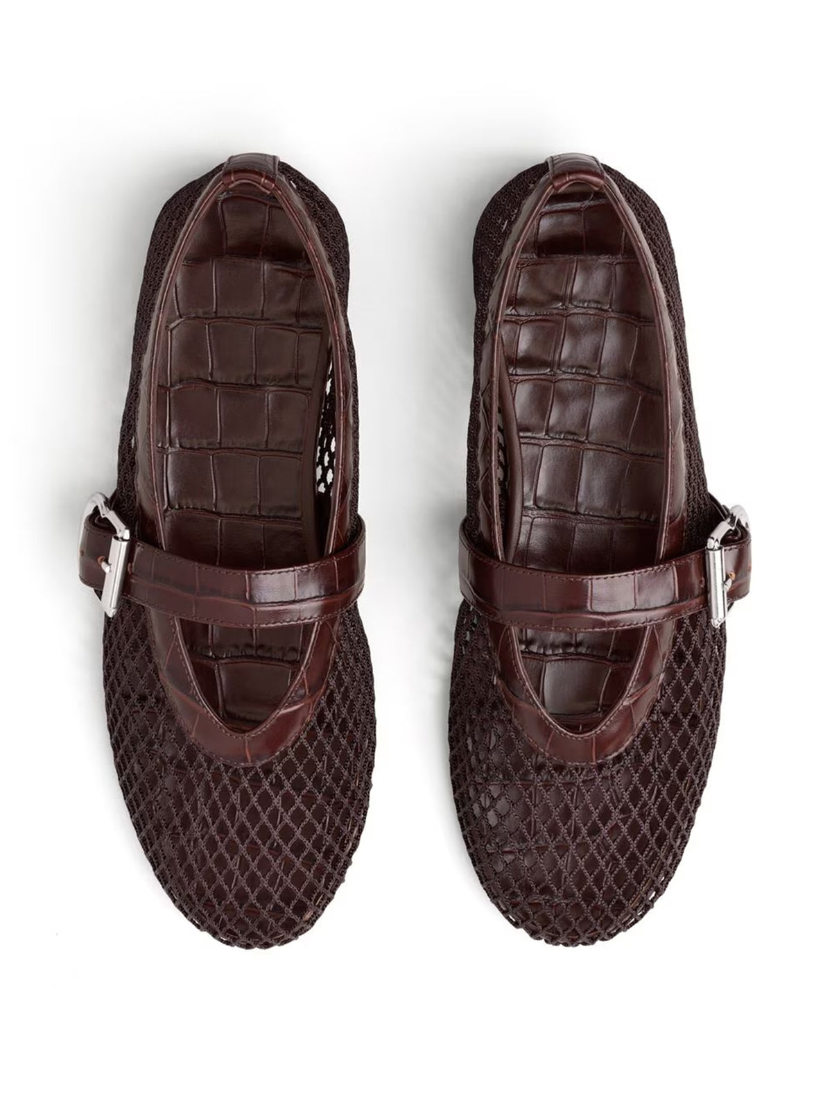 Dark Brown Mesh And Crocodile Pattern Vegan Leather Round-Toe Mary Jane Ballet Flats