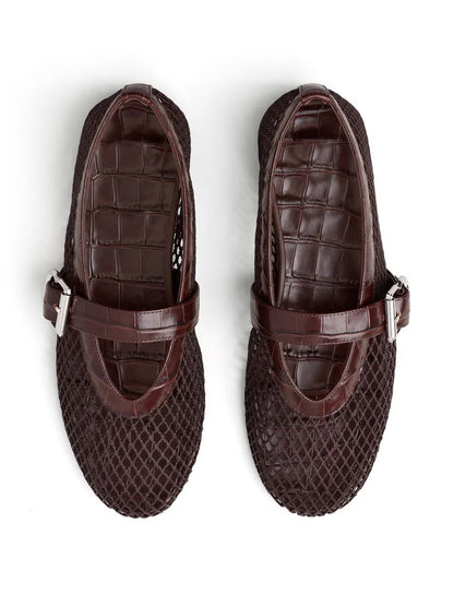 Dark Brown Mesh And Crocodile Pattern Vegan Leather Round-Toe Mary Jane Ballet Flats