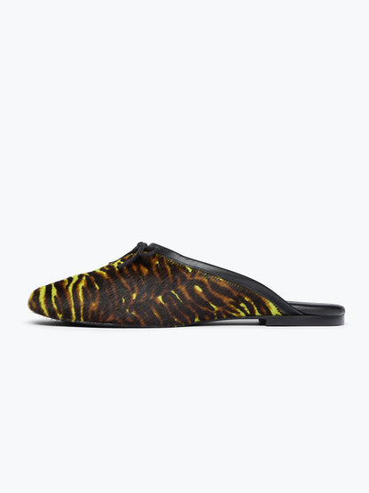 Vegan Leather Square-Toe Front Bow Slip-On Backless Flats - Tiger Pattern