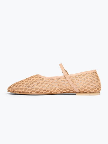 Chic Square-Toe Mary Jane Slip-On Ballet Flats - Nude Mesh