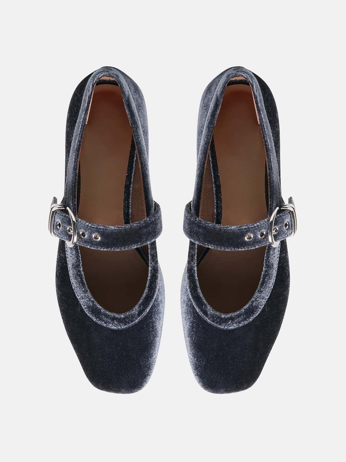 Navy Pleuche Square-Toe Buckle Mary Jane Ballet Flats
