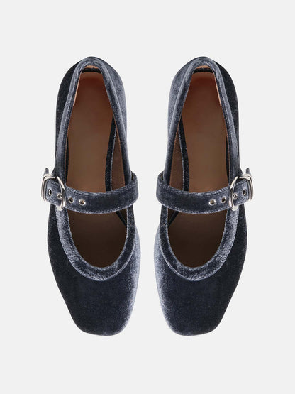 Navy Pleuche Square-Toe Buckle Mary Jane Ballet Flats