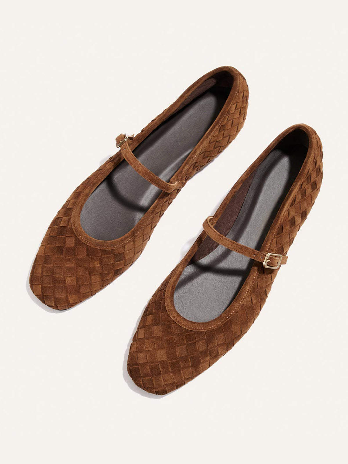 Brown Woven Faux Suede Square-Toe Mary Jane Chic Ballet Flats