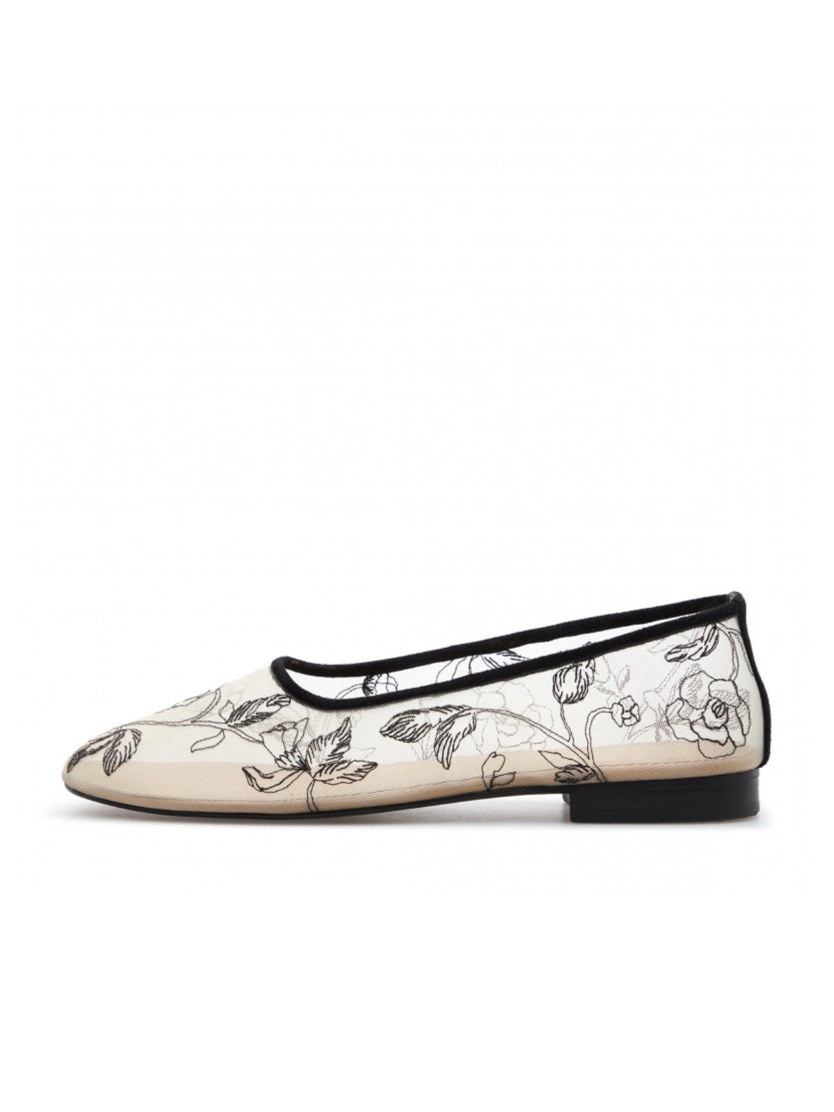 Beige Semi-Sheer Mesh Ballet Flats With Black Floral Embroidery