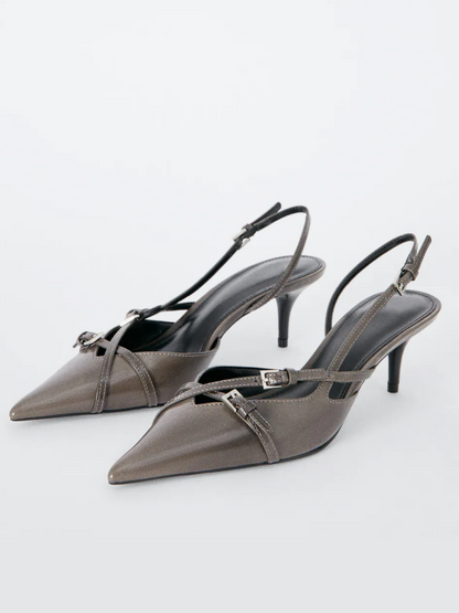 Grey Vegan Leather Pointy Kitten Heeled Slingback Shoes With Buckles