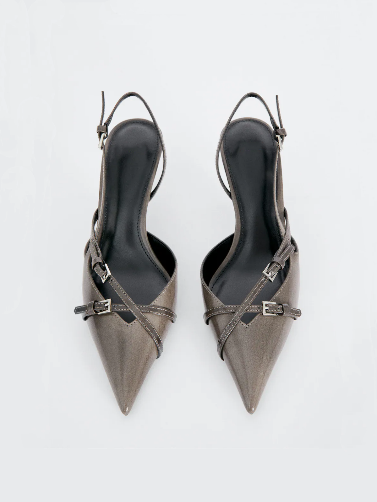 Grey Vegan Leather Pointy Kitten Heeled Slingback Shoes With Buckles