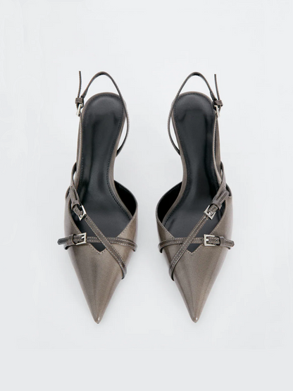 Grey Vegan Leather Pointy Kitten Heeled Slingback Shoes With Buckles