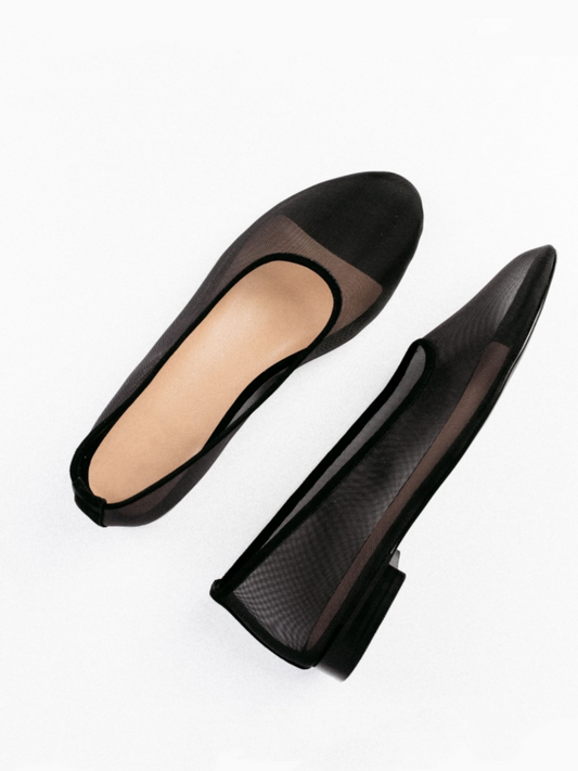 Round-Toe Slip-On Ballet Flats in Black Mesh