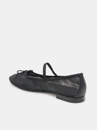 Bow Round-Toe Ballet Flats Mary Janes in Black Mesh