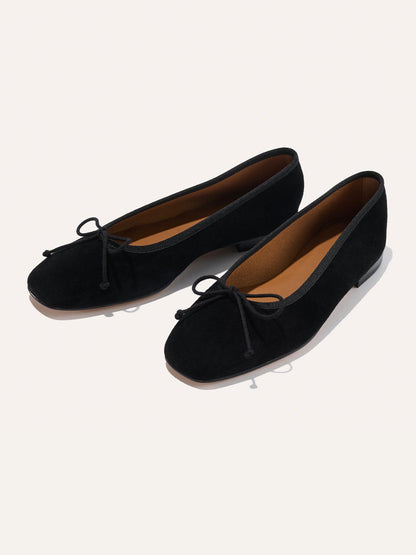 Front Bow Square-Toe Slip-On Chic Ballet Flats - Black Faux Suede