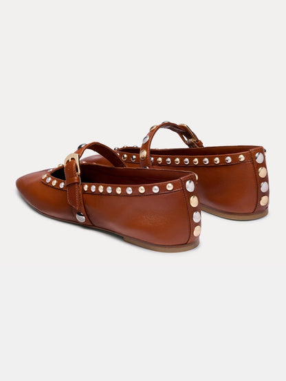 Red Square-Toe Buckle Middle Strap And Studs Flats