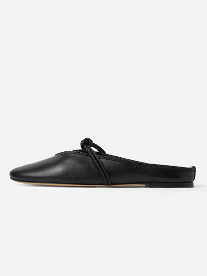 Black Round-Toe Middle Strap Backless Slip-On Flats