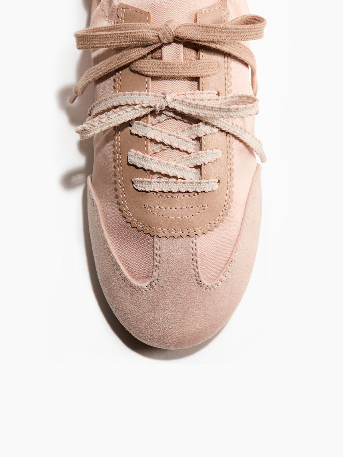 Light Pink Satin And Cow Suede And Cow Leather Round-Toe Lace-Up Flats Sneakers