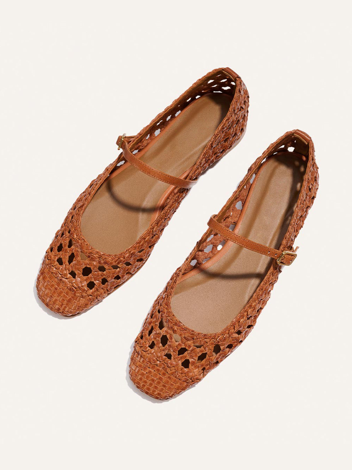 Tan Woven Vegan Leather Square-Toe Mary Jane Chic Ballet Flats
