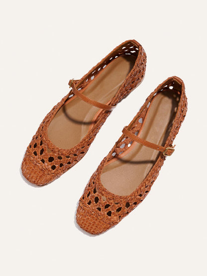 Tan Woven Vegan Leather Square-Toe Mary Jane Chic Ballet Flats