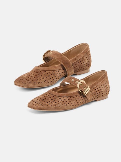 Brown Perforated Faux Suede Square-Toe Middle Strap Ballet Flats