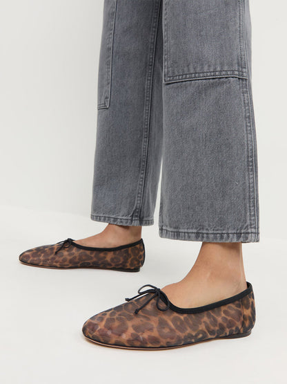 Leopard Pattern Mesh Round-Toe Chic Front Bow Slip-On Ballet Flats