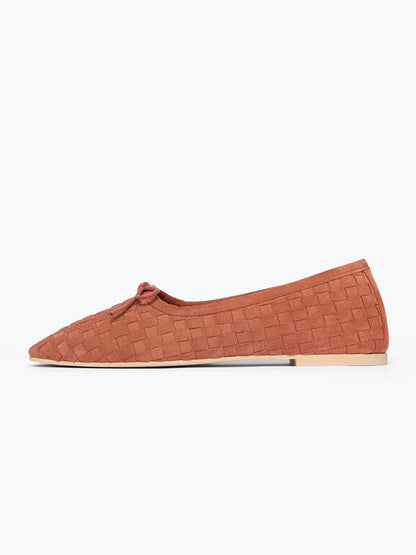 Woven Faux Suede Square-Toe Front Bow Slip-On Ballet Flats - Rosewood