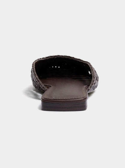 Woven Vegan Leather Square-Toe Cutout Backless Flats - Chocolate