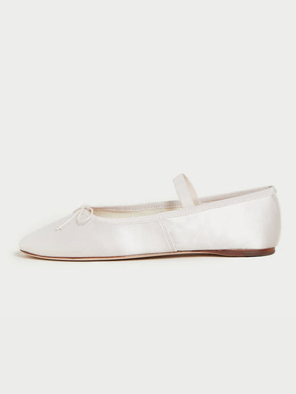White Satin Round-Toe Mary Jane Front Bow Ballet Flats