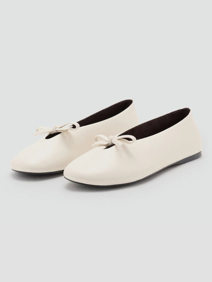 Ecru Round-Toe Front Bow Chic Ballet Flats