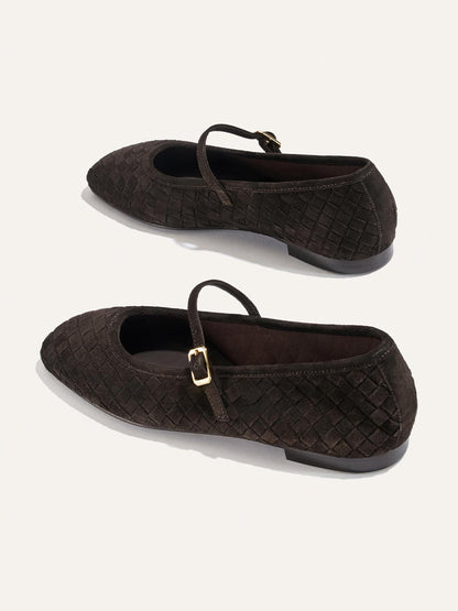 Chocolate Woven Faux Suede Square-Toe Mary Jane Chic Ballet Flats