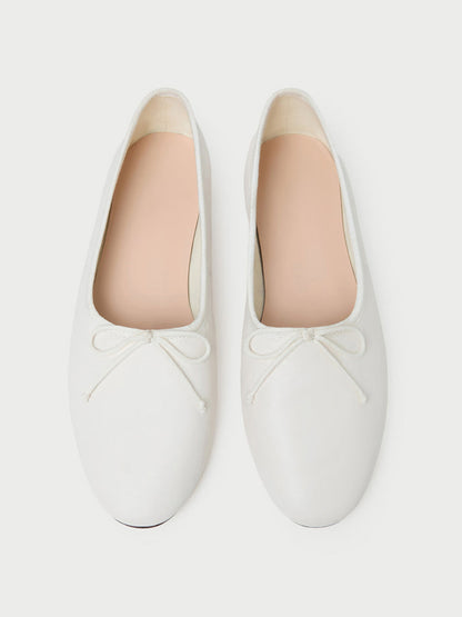 White Round-Toe Chic Front Bow Slip-On Ballet Flats