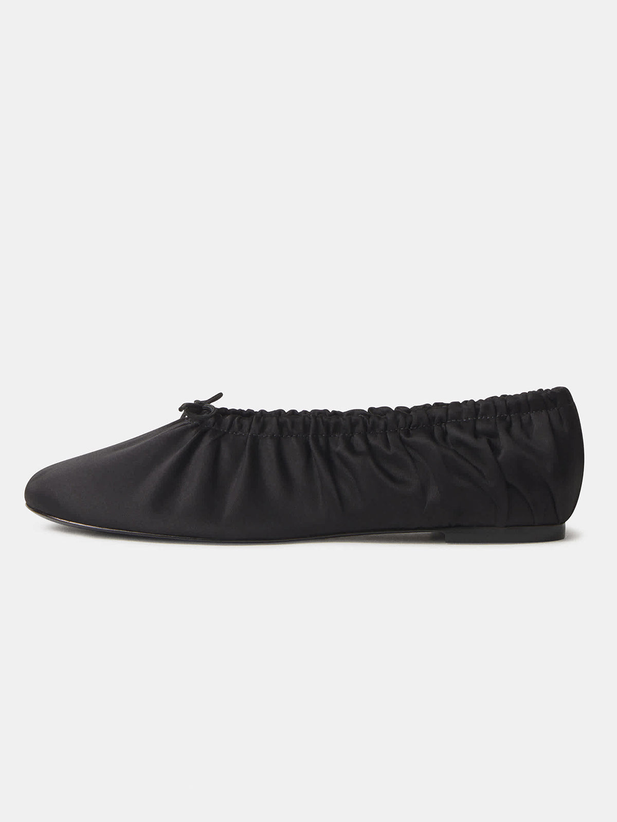 Black Satin Square-Toe Ruching And Front Bow Ballet Flats