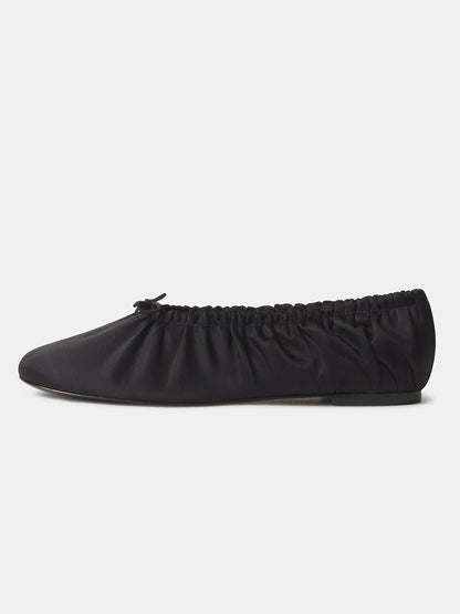 Black Satin Square-Toe Ruching And Front Bow Ballet Flats
