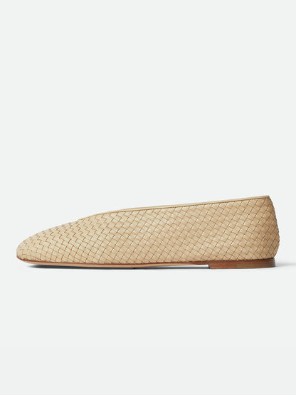 Beige Woven Vegan Leather Round-Toe Slip-On Ballet Flats