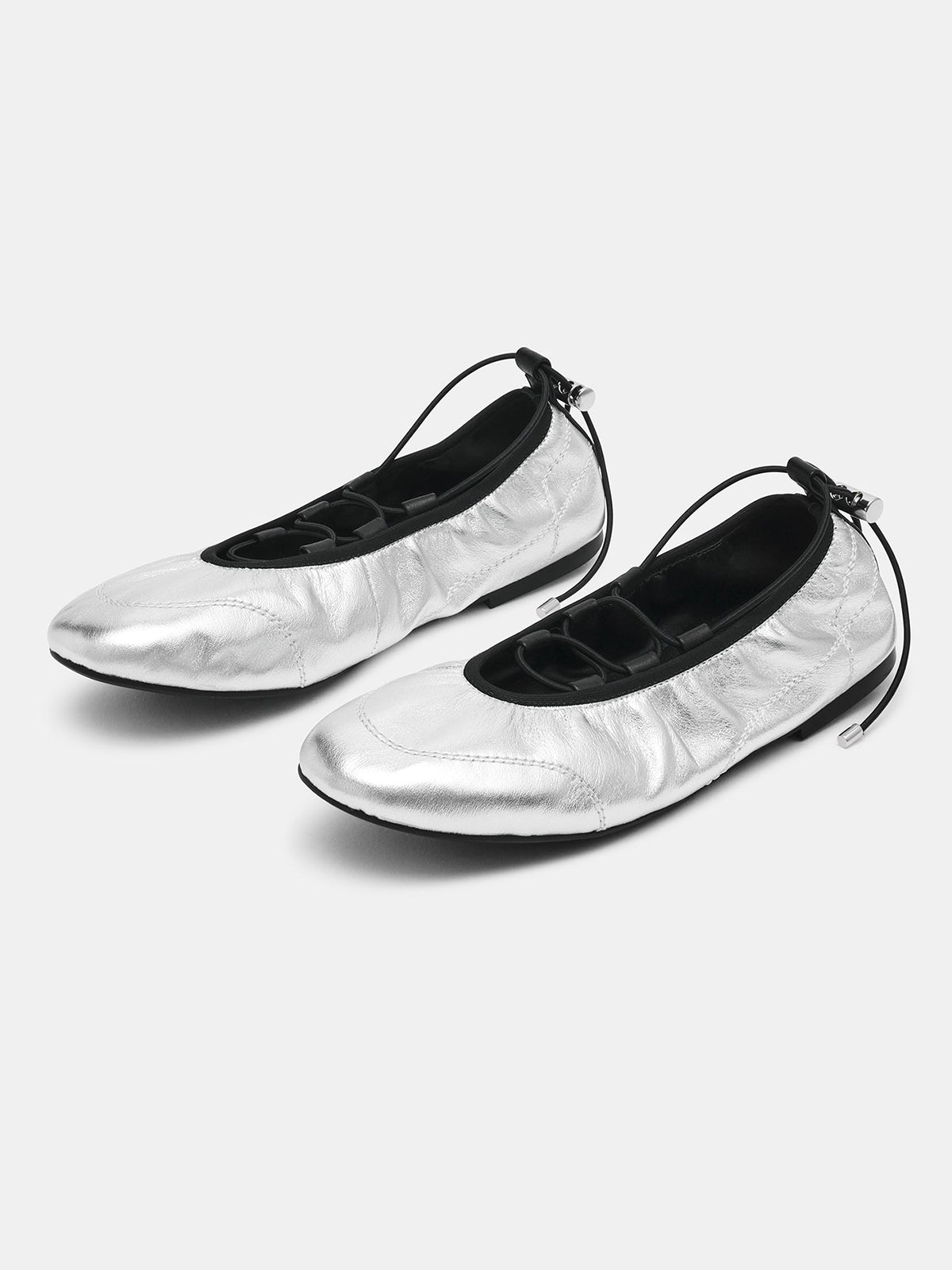 Metallic Silver Round-Toe Elastic Adjustable Closure Ballet Sneakers