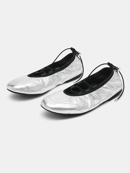 Metallic Silver Round-Toe Elastic Adjustable Closure Ballet Sneakers