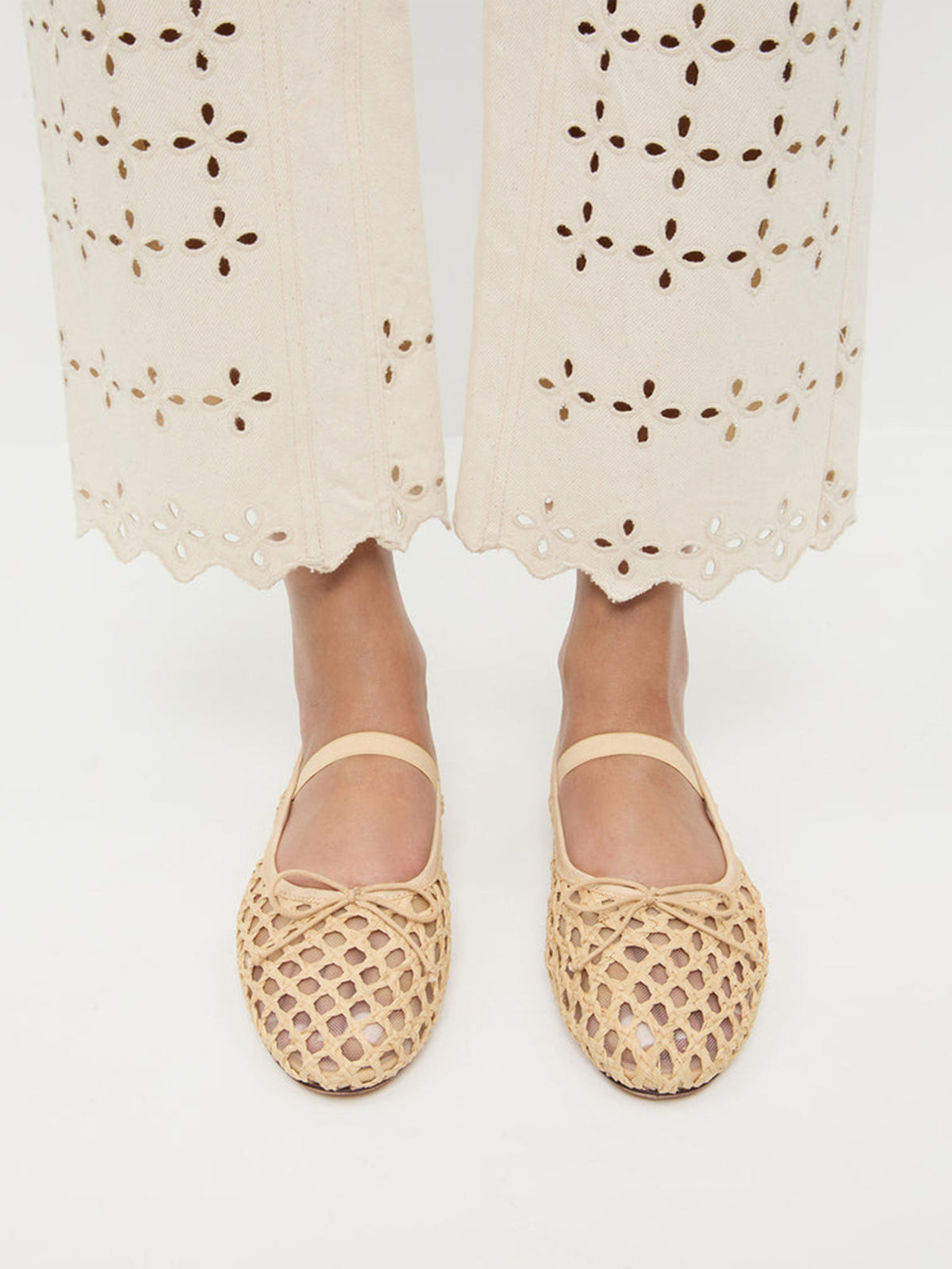 Nude Woven And Mesh Round-Toe Front Bow And Middle Strap Ballet Flats