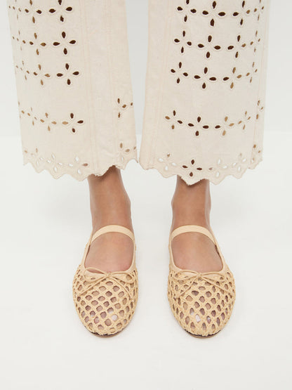 Nude Woven And Mesh Round-Toe Front Bow And Middle Strap Ballet Flats