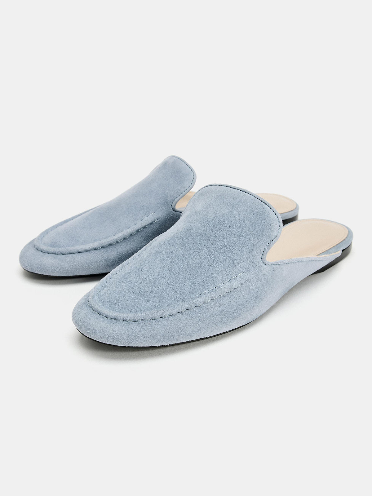 Blue Faux Suede Round-Toe Backless Mules Loafers Flats