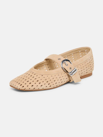 Camel Faux Suede Square-Toe Buckle Mary Jane Strap Ballet Flats