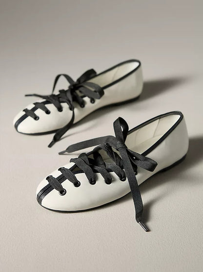 White Round-Toe Simple Lace-Up Slip-On Ballet Flats