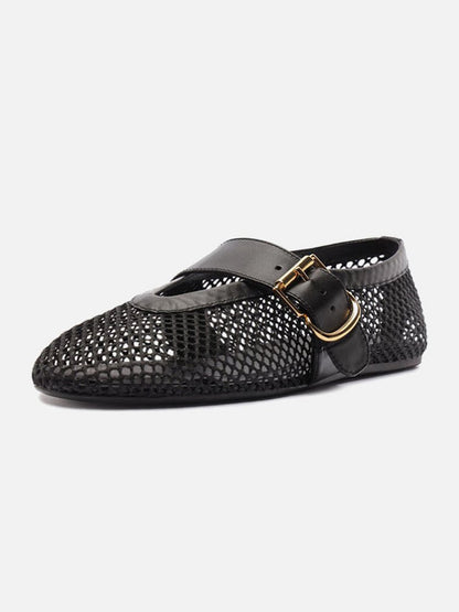Black Mesh Round-Toe Buckle Wide Strap Slip-On Ballet Flats