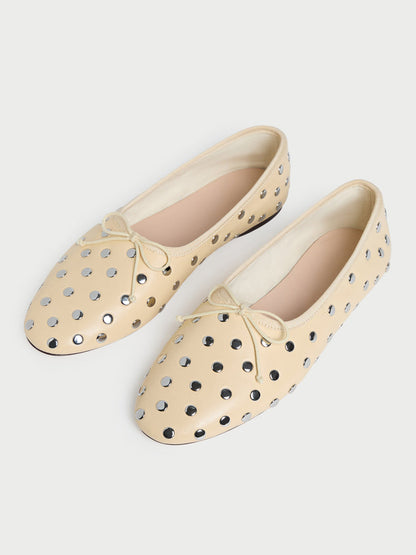 Yellow Round-Toe Chic Front Bow Slip-On Studs Ballet Flats